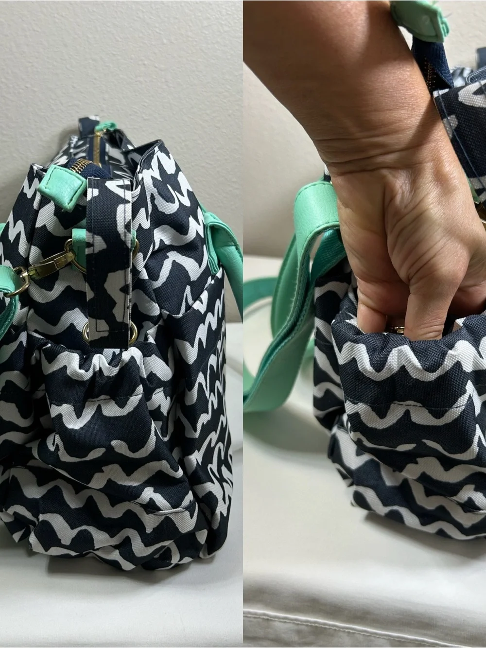Teal Navy Wave Pattern Multi Pockets Complete Diaper Stroller Strap Tote Bag